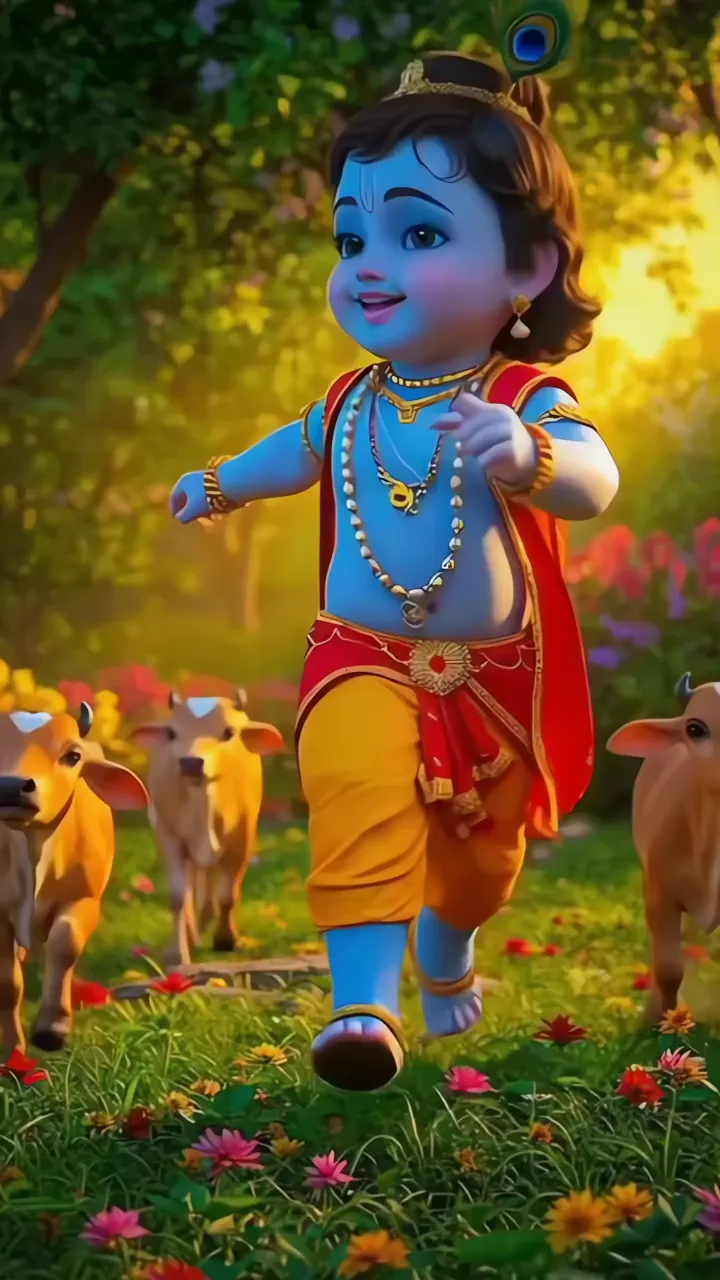 Baby Krishna Dancing With Cows In Garden