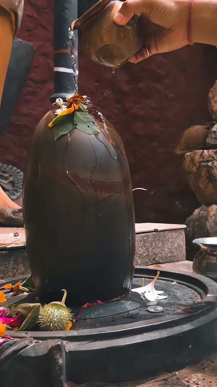 Water Pouring Ritual On Shiva Lingam With Flowers And Leaves