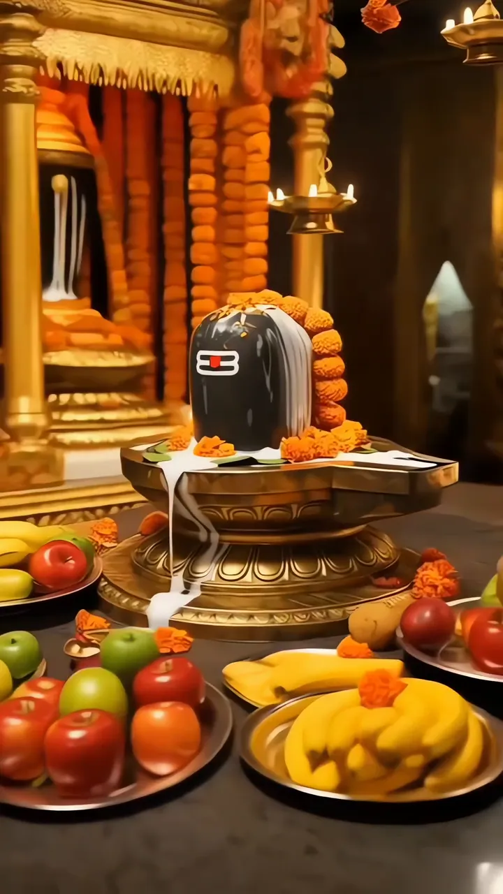 Shiva Lingam Devotional Temple Scene With Marigold And Fruits