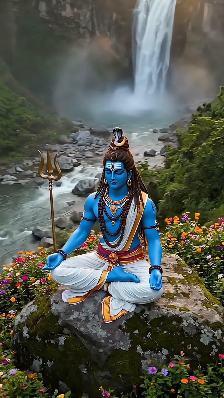 Shiva Meditation With Trishul And Waterfall