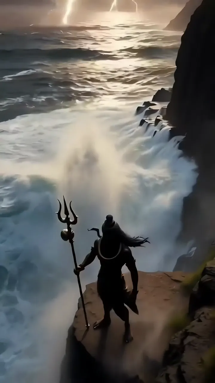 Shiva Standing On Cliff With Trishul Facing Ocean Waves