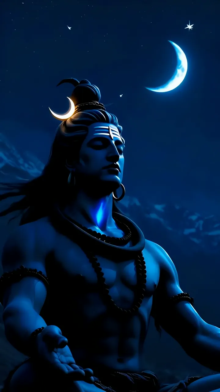 Shiva Meditation With Blue Aura And Crescent Moon Night Scene
