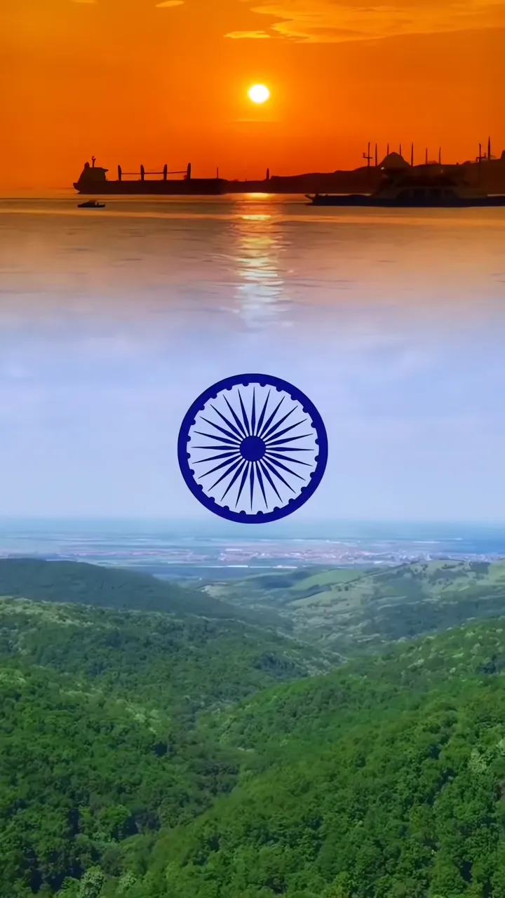 India Independence Day Sunset With Ashoka Chakra And Green Hills