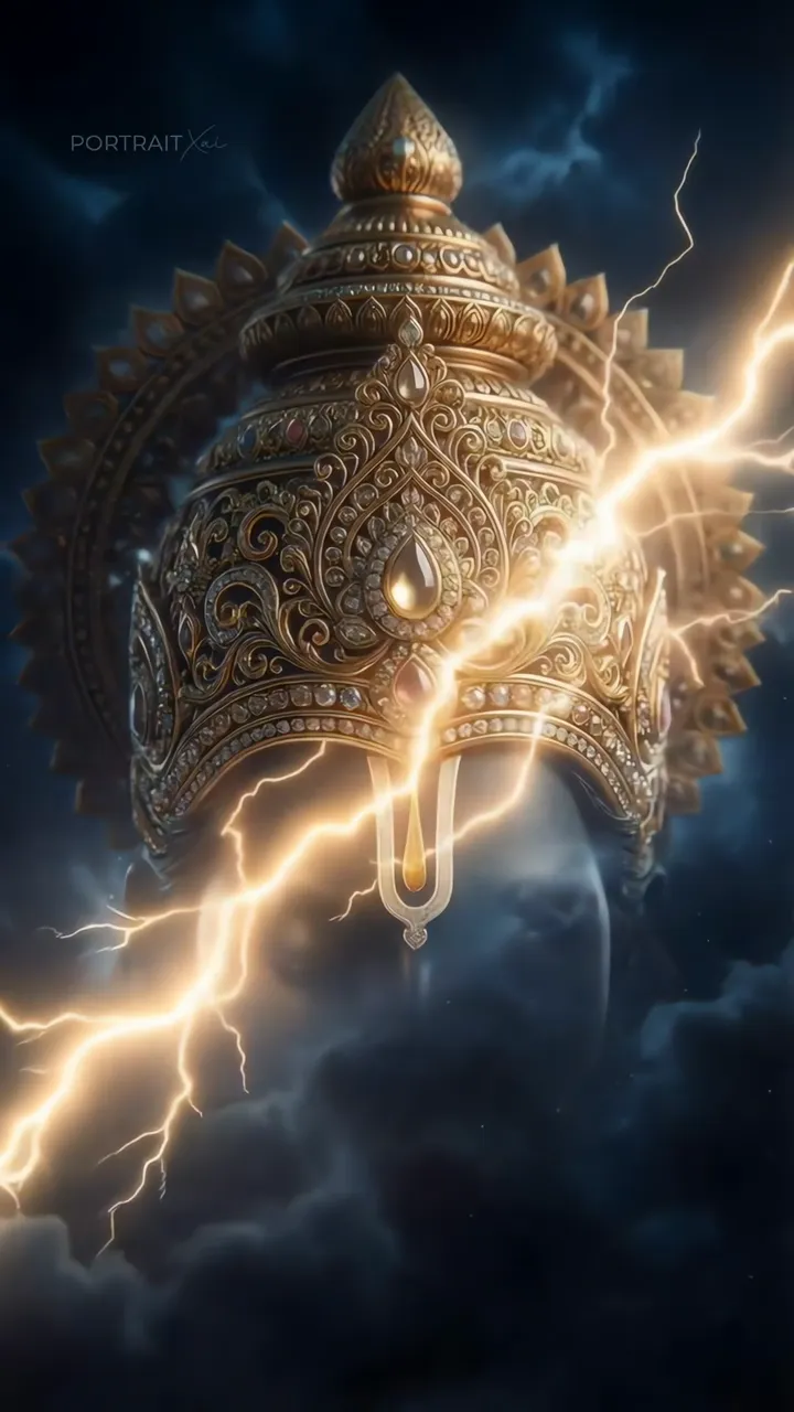 Glowing Trishul With Divine Golden Crown And Lightning