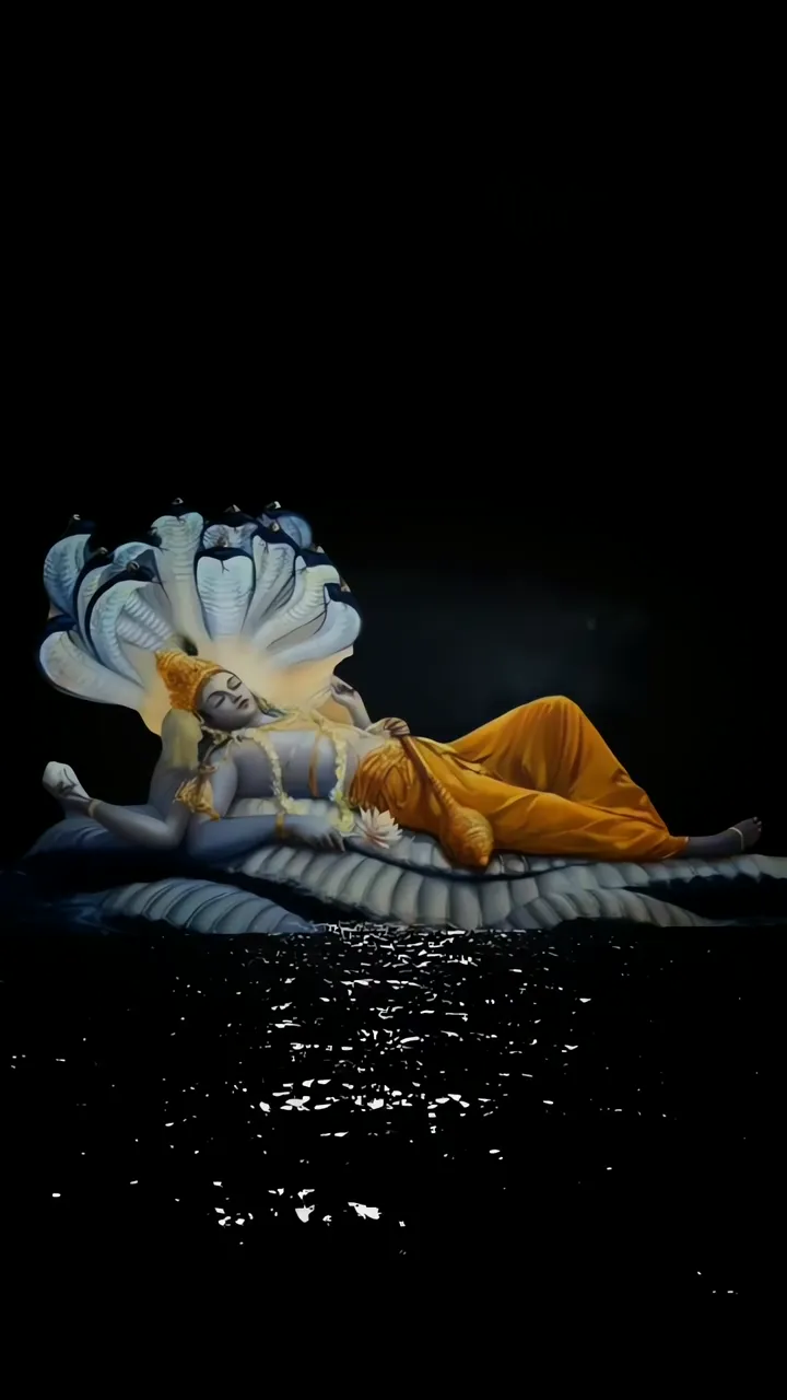 Vishnu Bhagwan Sleeping On Sheshnag Lotus With Golden Crown