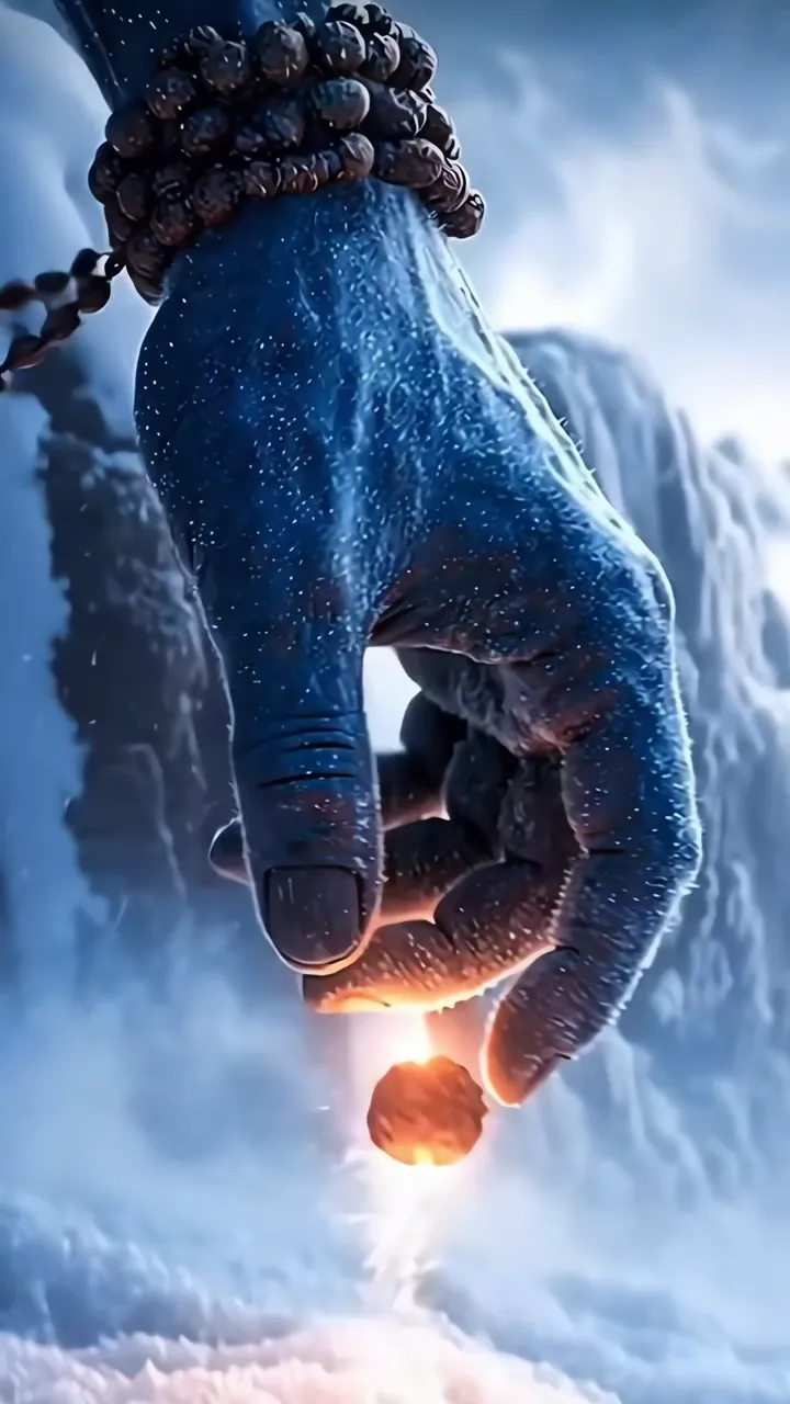 Shiva's Blue Hand Holding Sacred Fire In Snowy Mountain