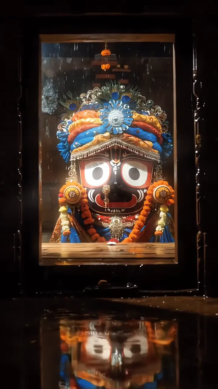 Krishna Devotional Rain Scene With Ornate Crown And Reflection
