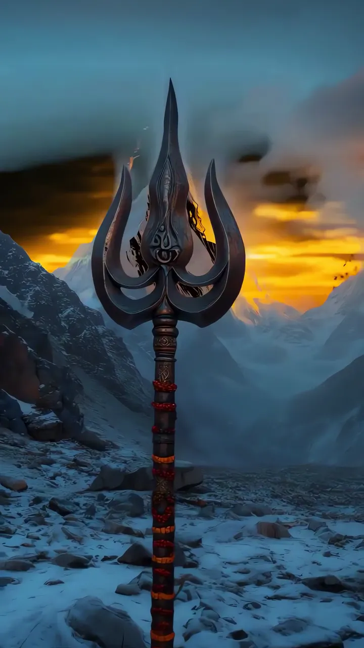 Trishul Sacred Weapon Standing In Snowy Mountain Sunset