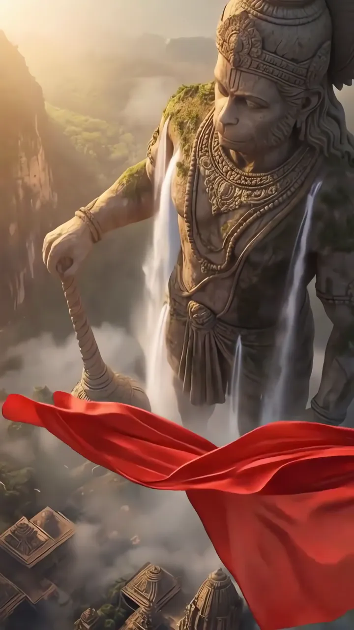 Giant Stone Hanuman Statue With Red Silk And Mountain Waterfall