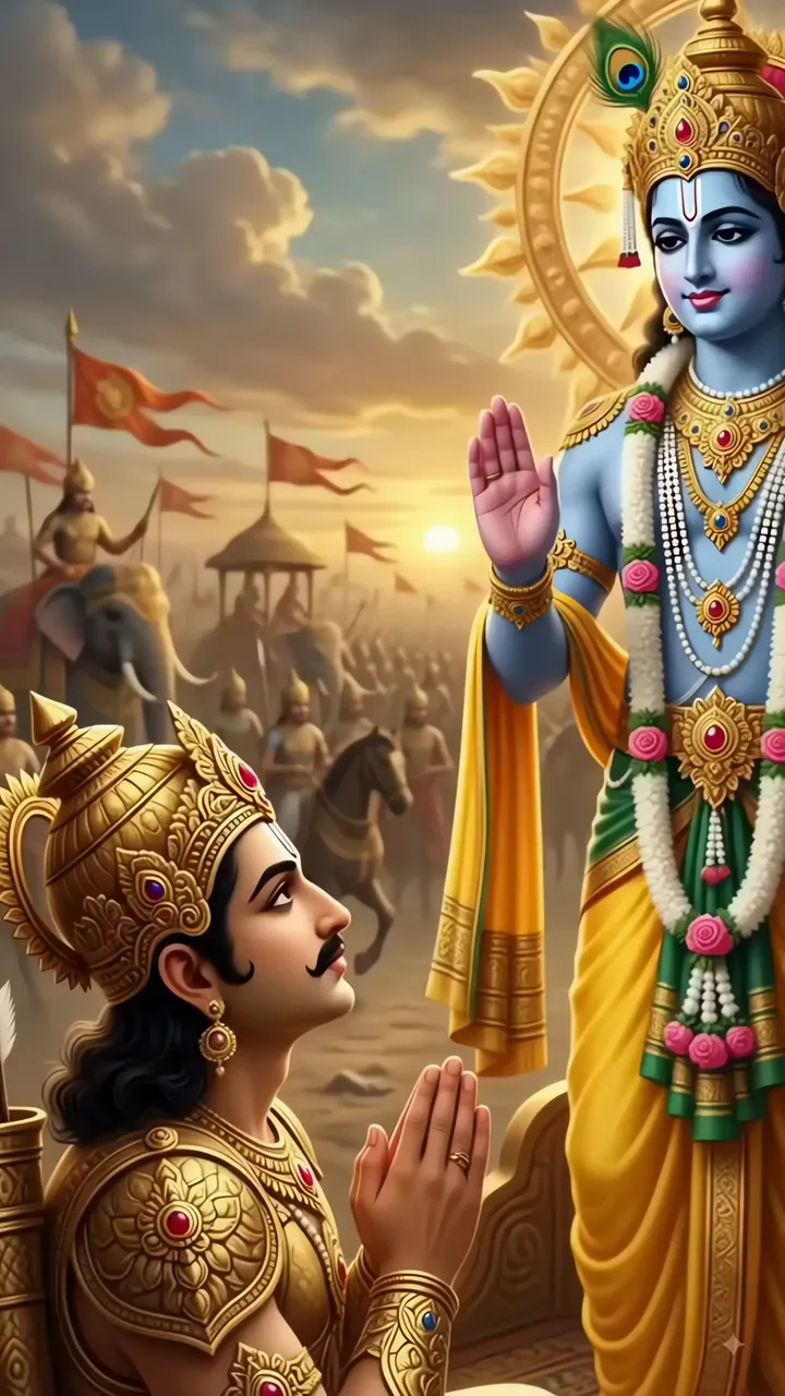 Krishna Teaching Bhagavad Gita To Arjuna On Battlefield