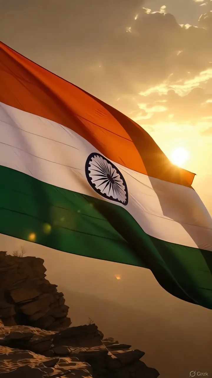 India Flag Waving On Mountain Peak At Golden Sunrise