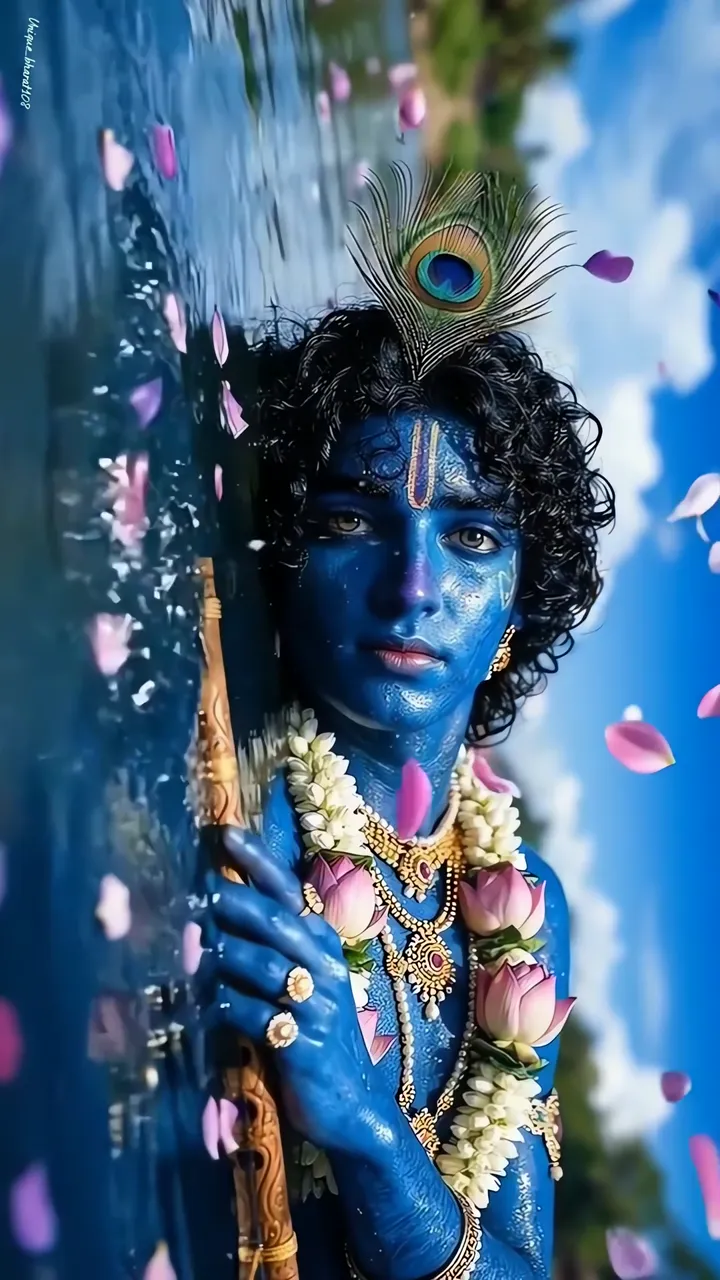 Blue Krishna Holding Flute With Peacock Feather And Lotus