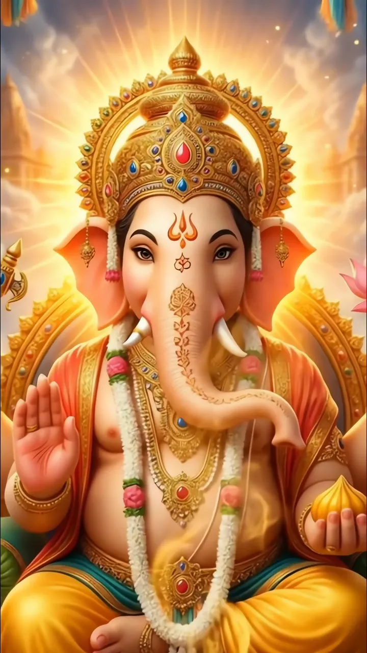 Ganpati Atharvashirsha Devotional With Golden Crown And Lotus Garland