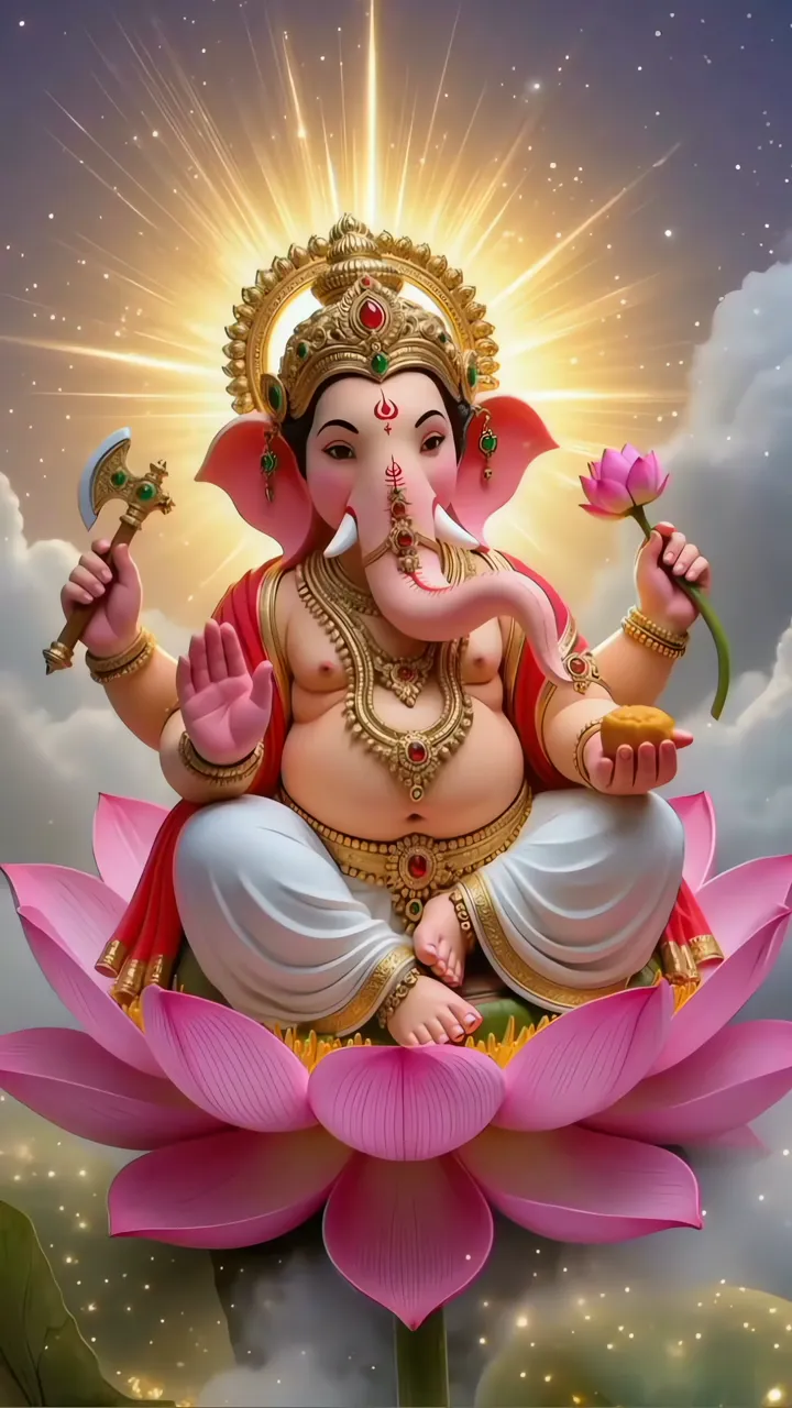 Ganesha Spiritual Awakening Sitting On Pink Lotus With Golden Aura