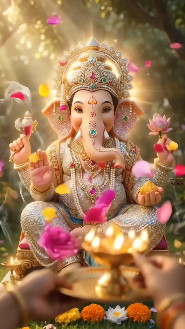 Ganesha Devotional Scene With Lotus And Diya