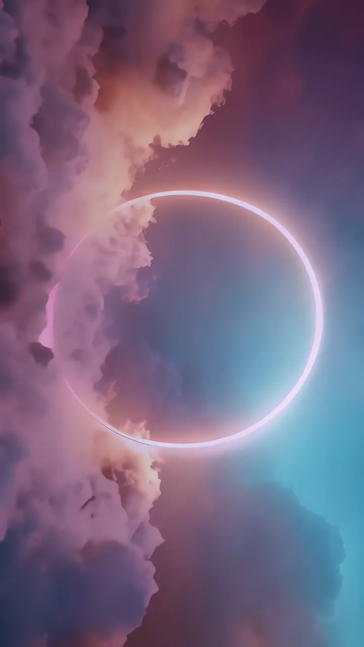 Celestial Eclipse Ring Through Clouds With Neon Glow