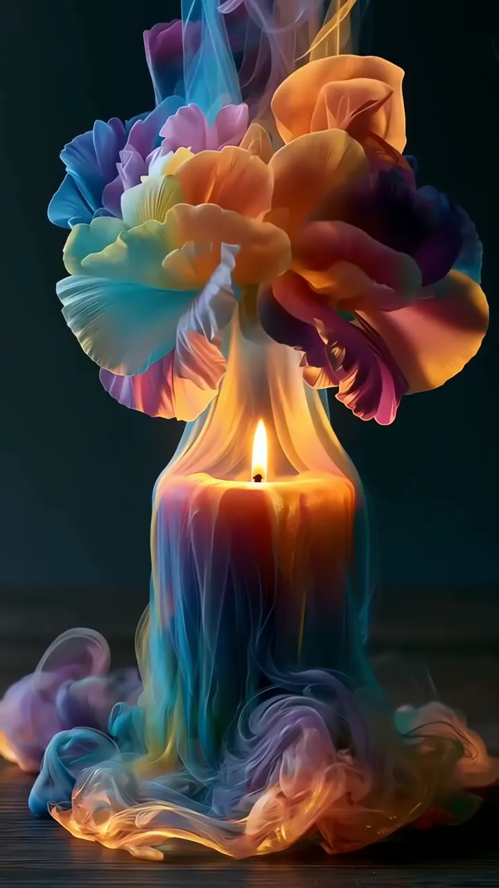 Rainbow Candle With Ethereal Flower Bloom And Glowing Smoke