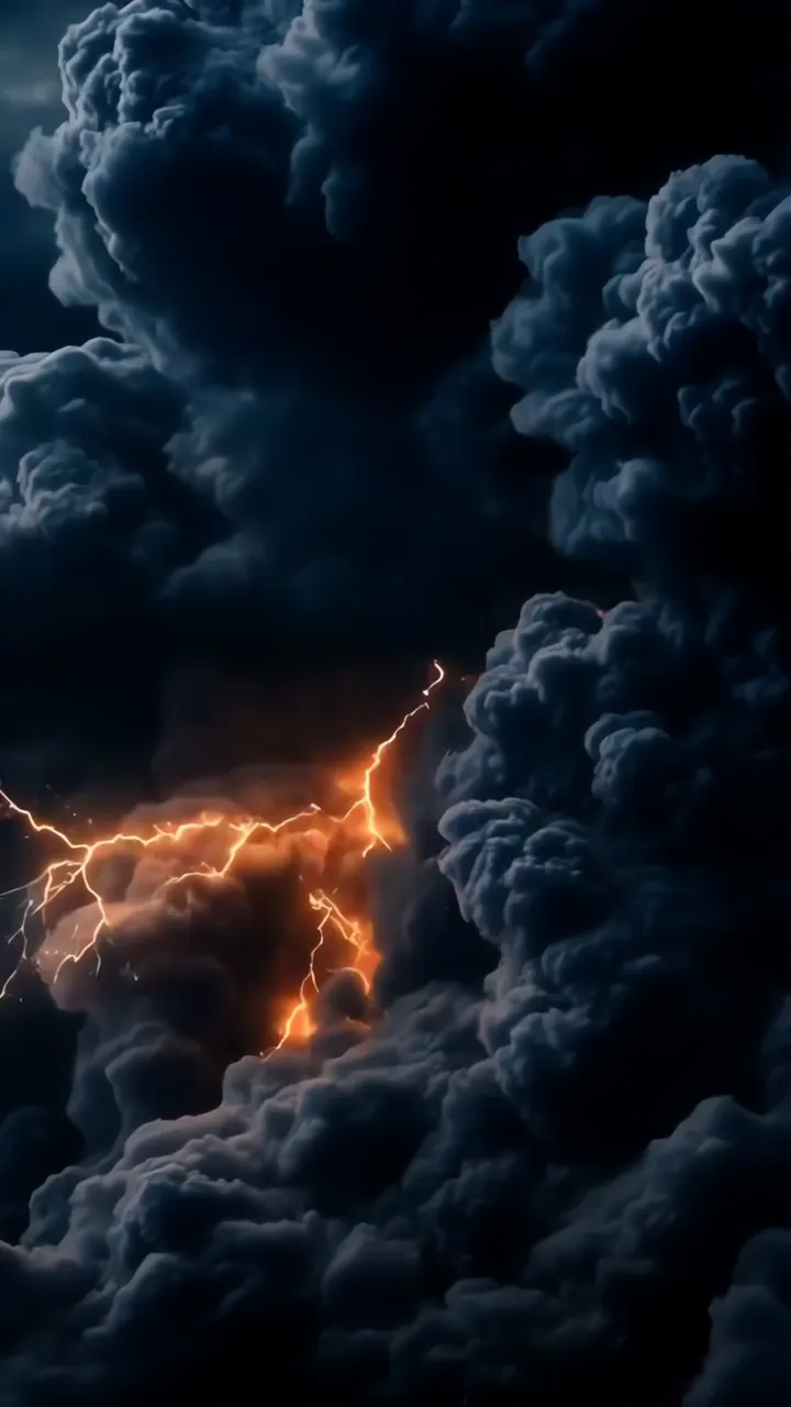 Powerful Lightning Storm With Orange Glow Through Dark Clouds
