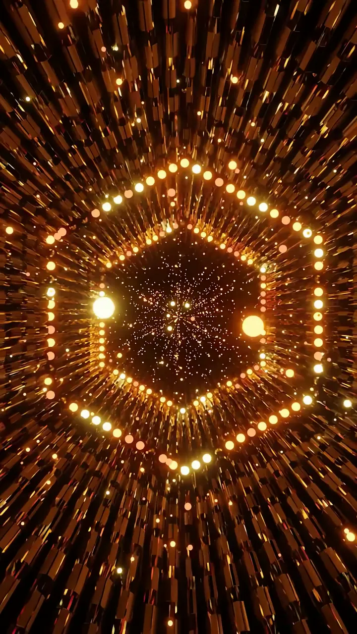 Golden Hexagon Sci-Fi Tunnel With Neon Light Particles