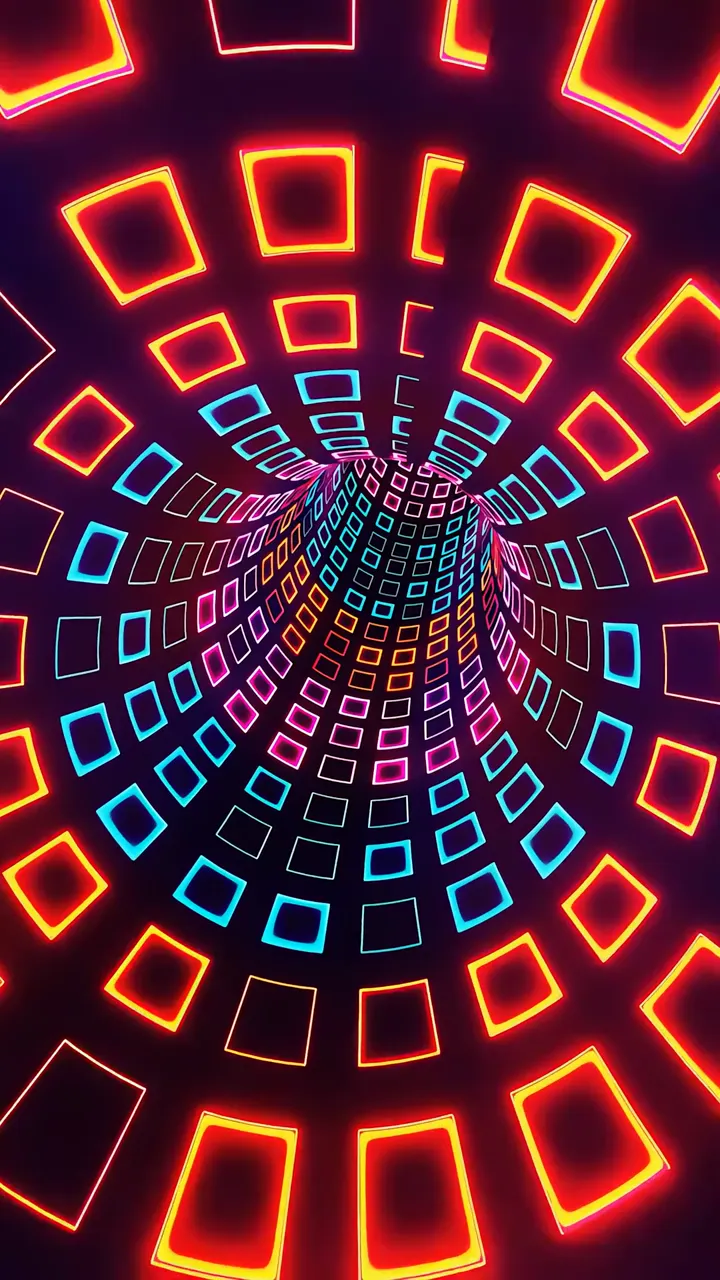 Neon Sci-Fi Light Tunnel With Glowing Squares Seamless Loop