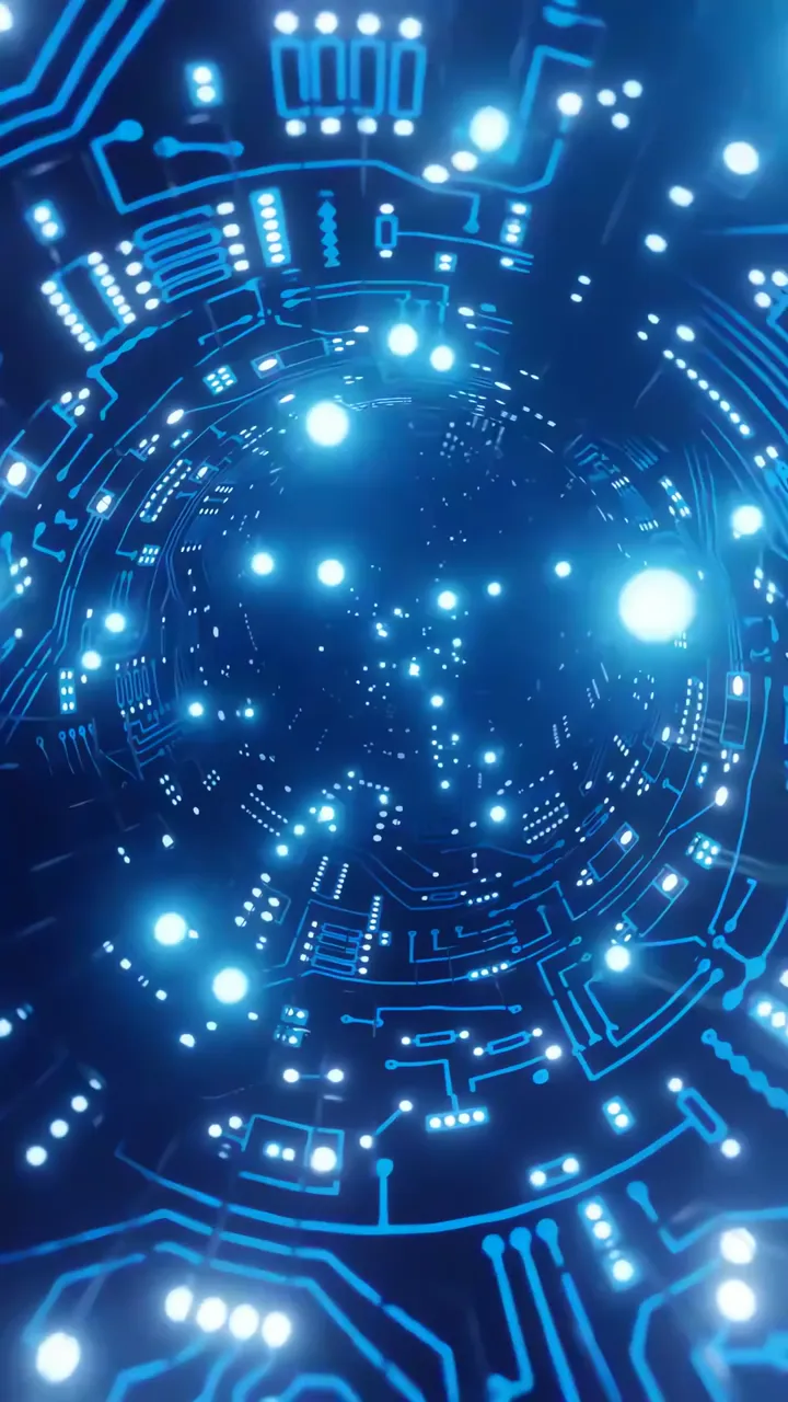 Neon Blue Abstract Circuit Tunnel Digital Art