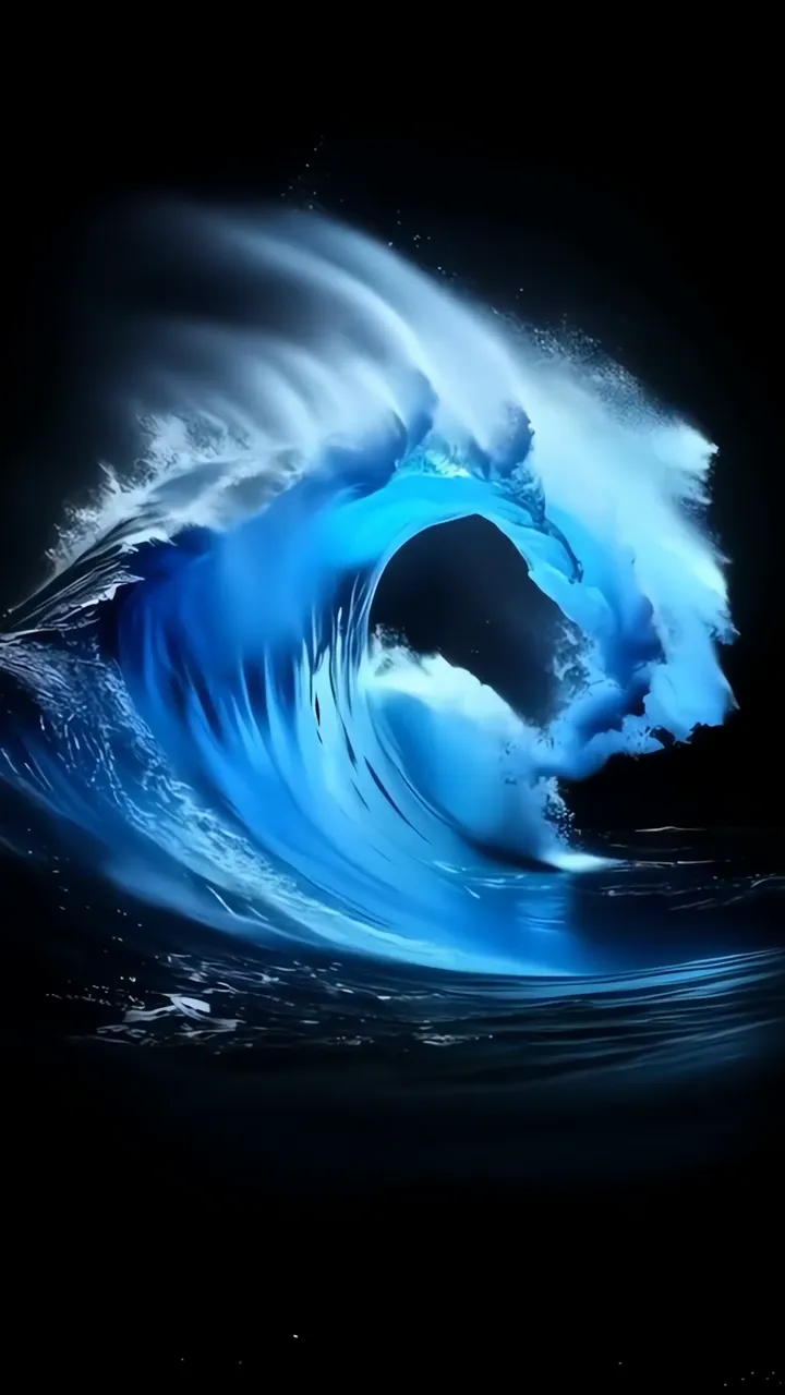 Glowing Blue Ocean Wave With White Foam And Dark Background