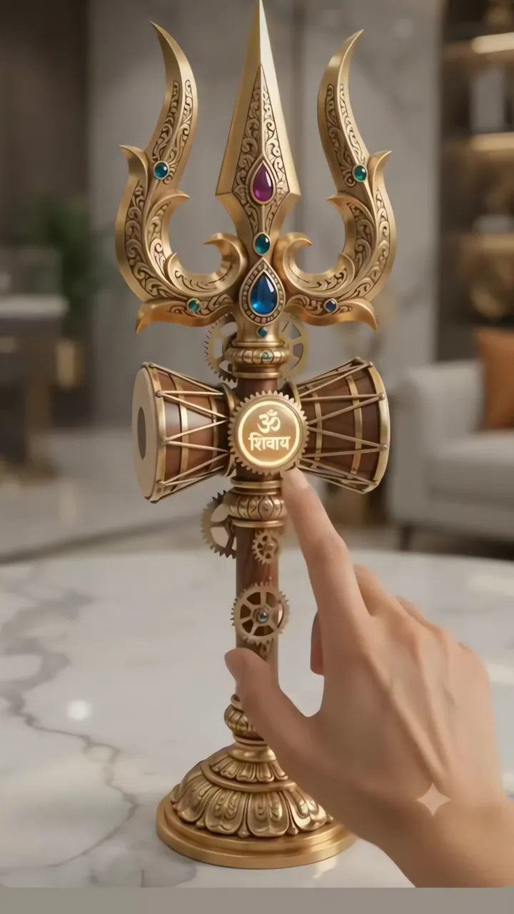 Glowing Golden Trishul With Sacred Symbols And Mechanical Design