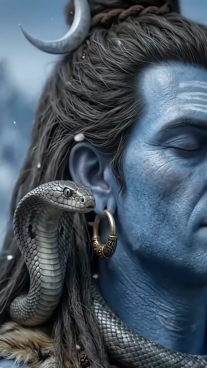 Blue Skinned Shiva With Cobra And Moon Horns
