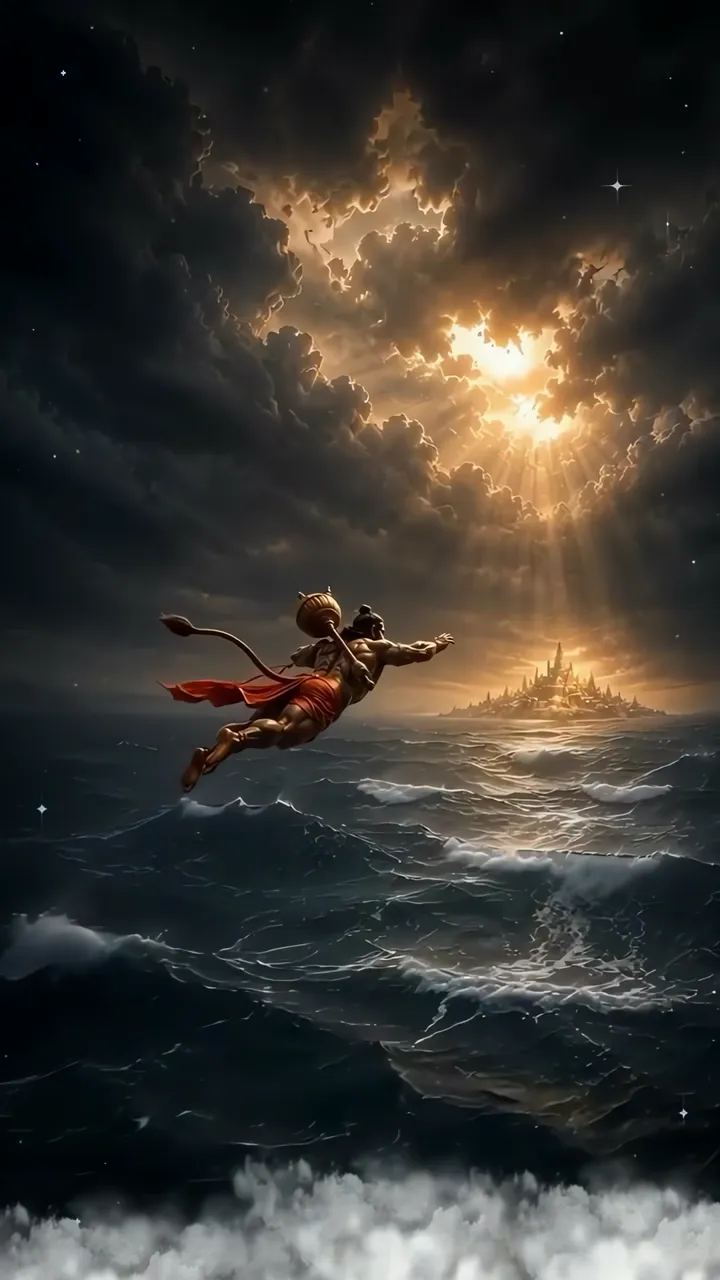 Hanuman Flying Over Stormy Sea Toward Divine Island