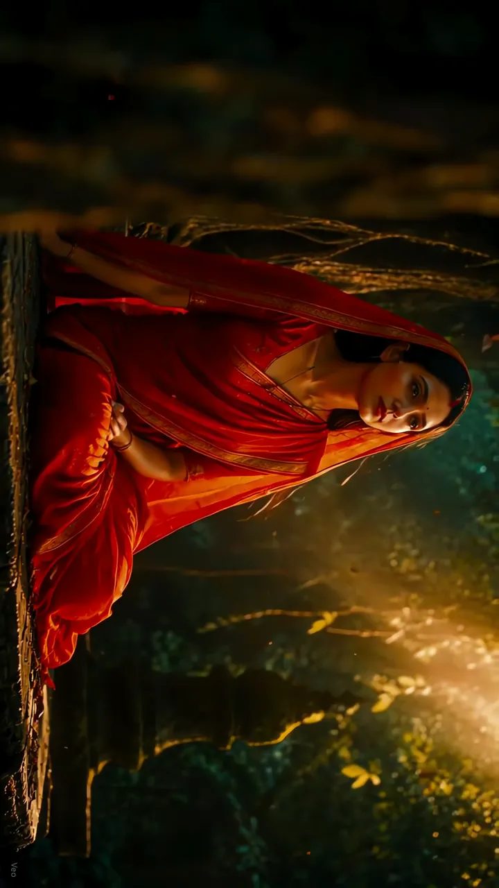 Red Saree Woman In Forest With Golden Light