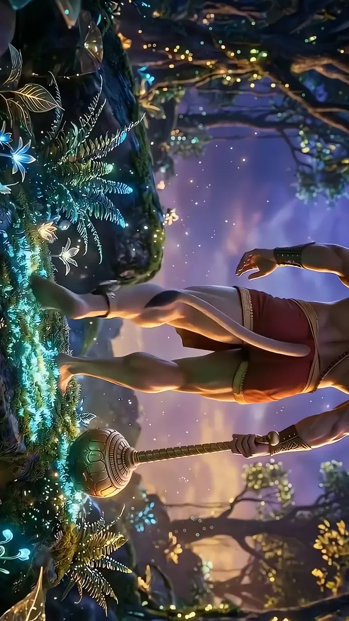 Hanuman In Magical Forest With Lotus And Starry Sky