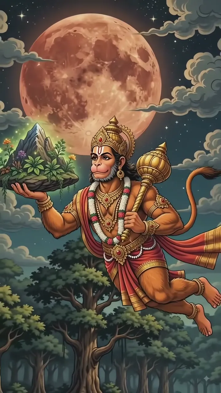 Hanuman Flying With Mountain And Full Moon Night Scene