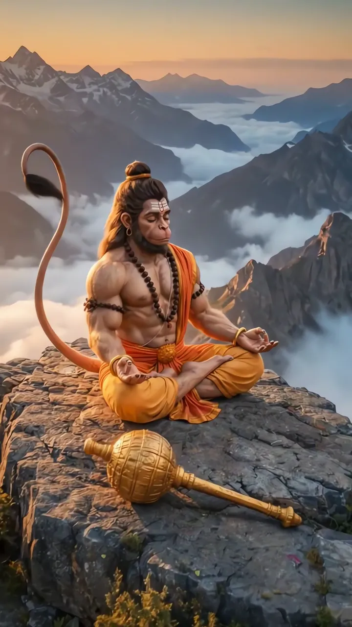 Hanuman Meditation On Mountain Peak With Golden Mace