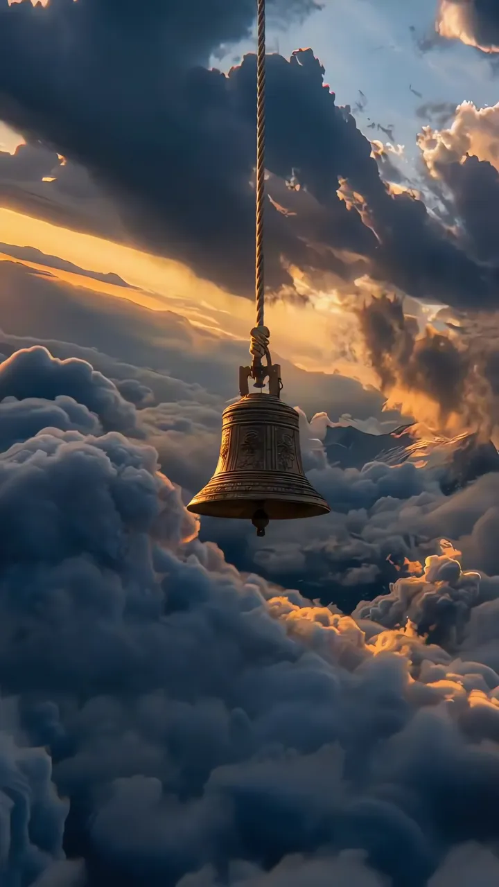 Sacred Hanging Bell Above Clouds Sunset Sky