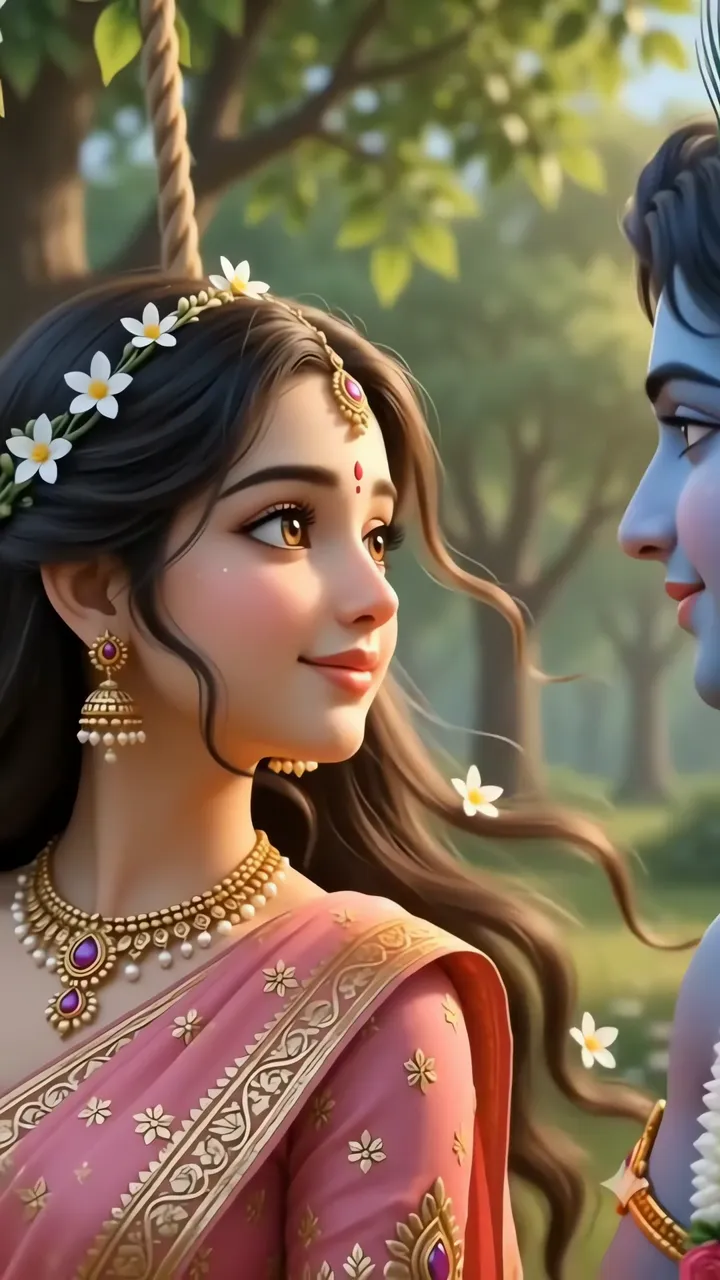 Radha Krishna Romantic Moonlight Forest Scene