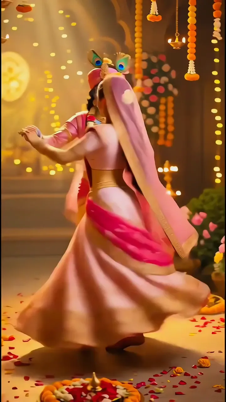 Radha Krishna Divine Dance With Peacock Feather And Rose Petals