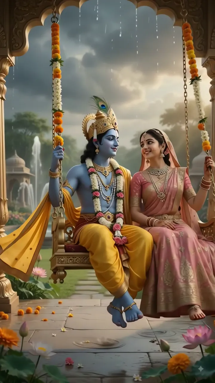 Radha Krishna Romantic Swing Under Rainy Sky