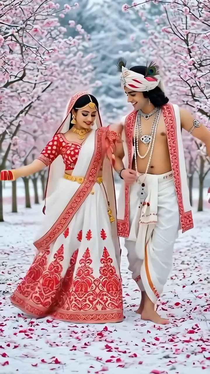 Radha Krishna Romantic Dance Under Pink Cherry Blossoms