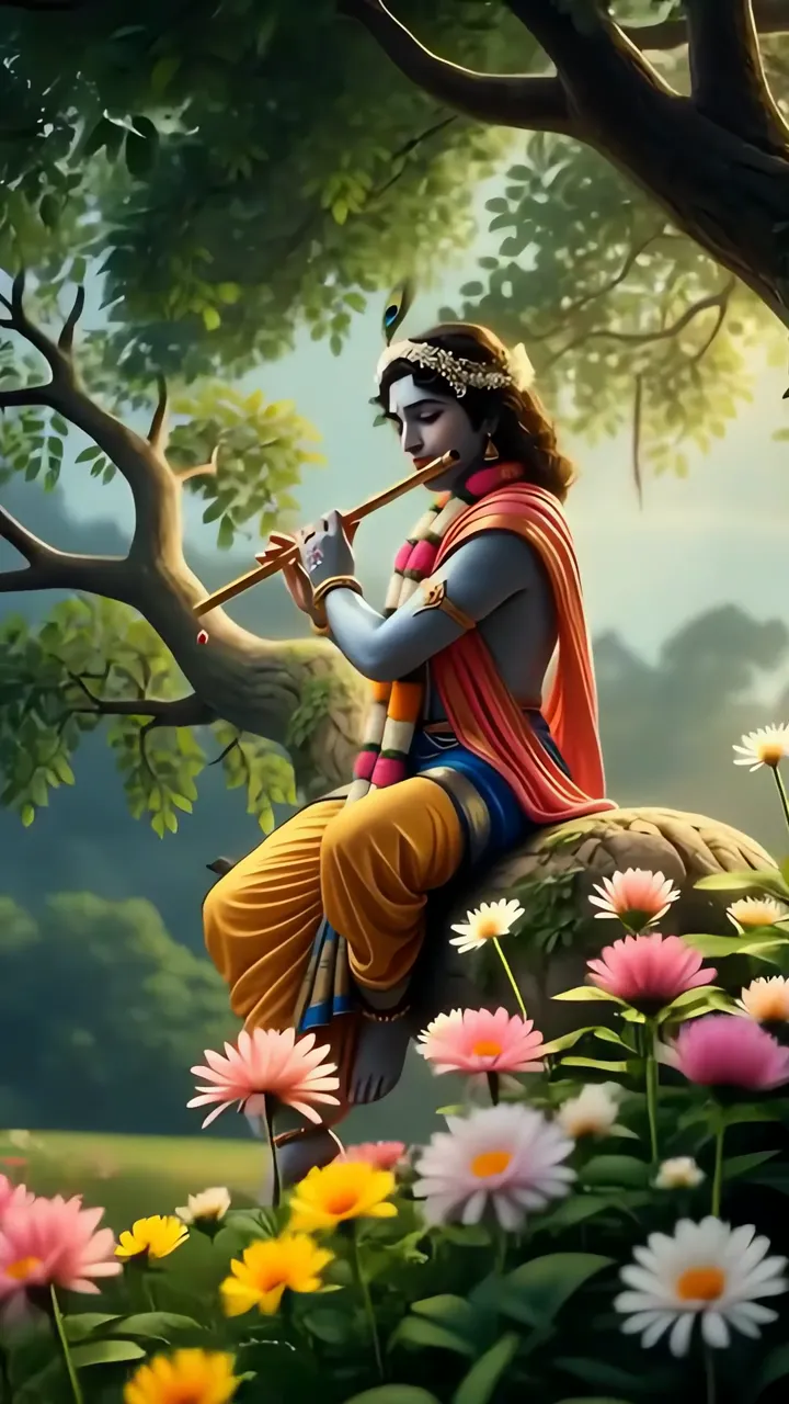 Lord Krishna Playing Flute In Peaceful Garden With Pink And Yellow Flowers