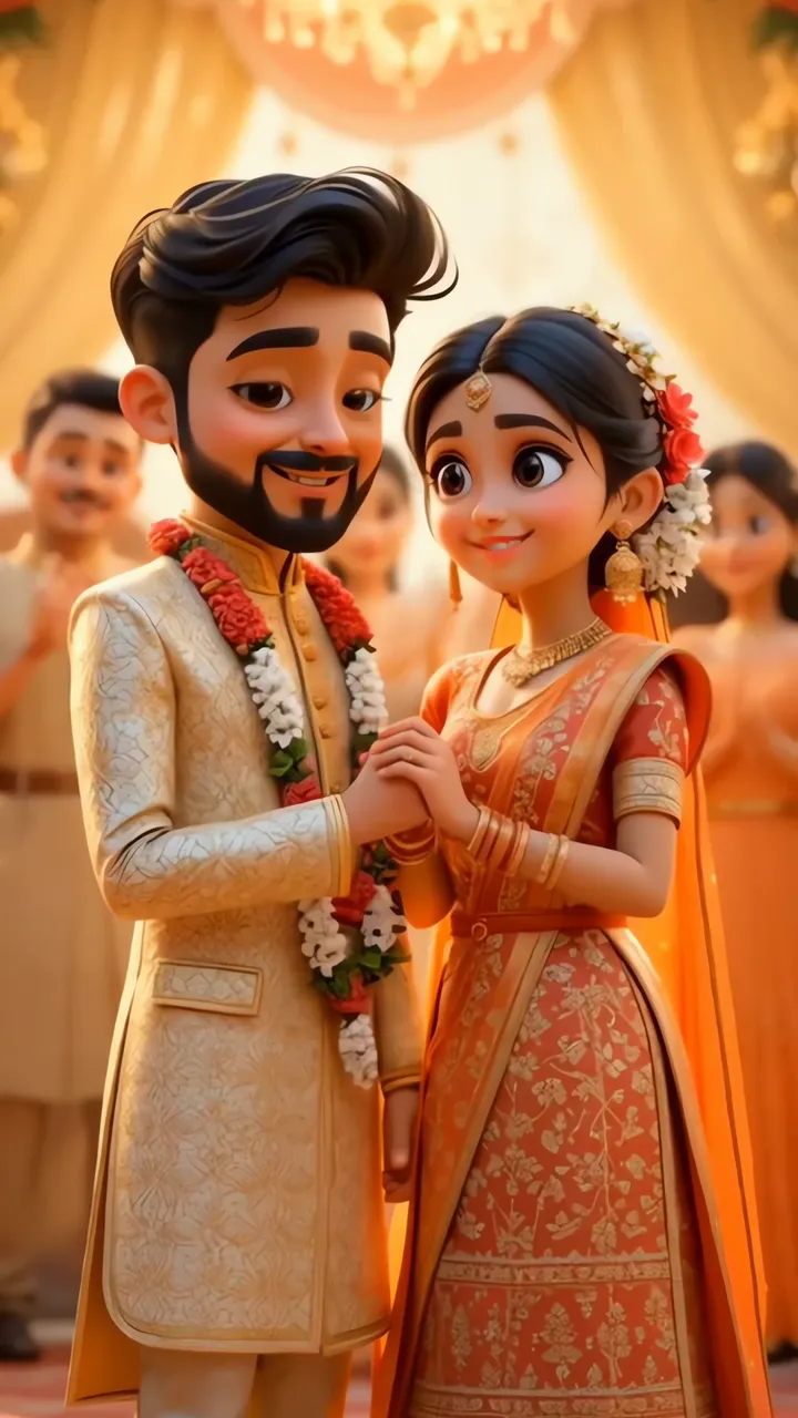 Happy Indian Wedding Couple In Traditional Attire