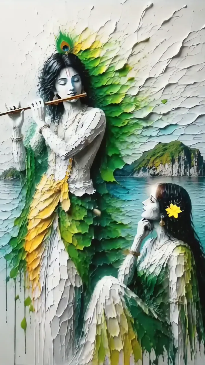 Krishna Playing Flute With Radha By Lake