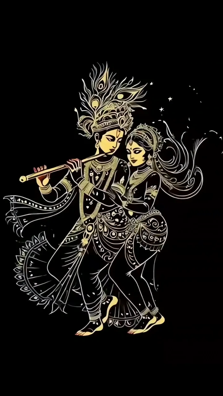 Radha Krishna Romantic Moonlight Dance With Peacock Feather Crown