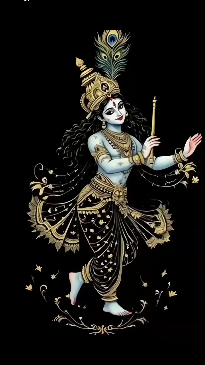 Krishna Dancing With Peacock Feather And Golden Staff