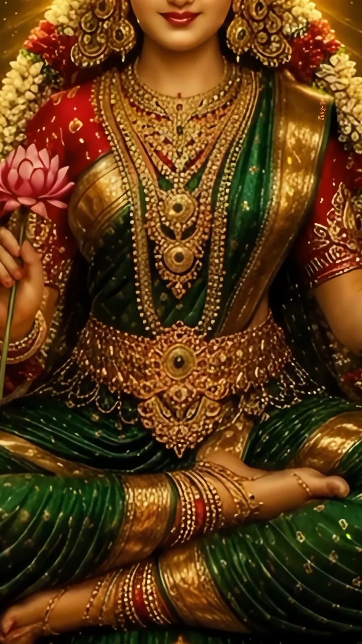 Bala Tripura Sundari Divine Goddess With Lotus And Golden Jewelry