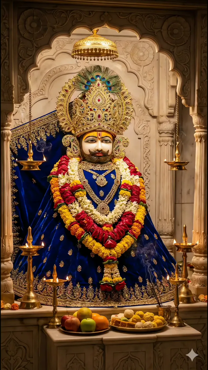 Khatu Shyam Ji Devotional Idol With Blue Robe And Peacock Feather Crown