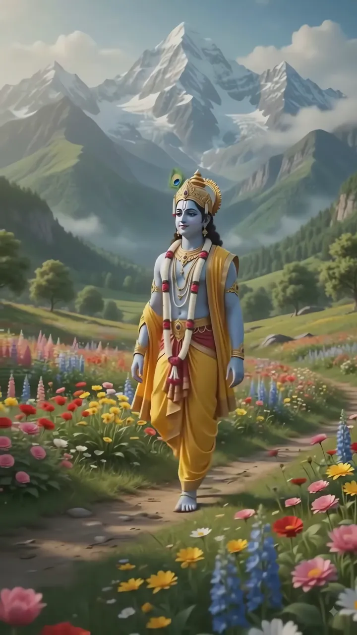 Lord Krishna Walking Through Colorful Flower Field With Snow Mountains