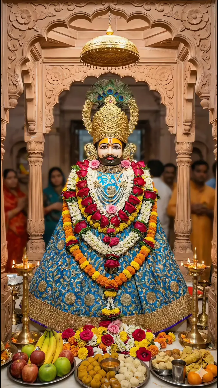 Khatu Shyam Ji Devotional Statue With Floral Offerings And Golden Crown