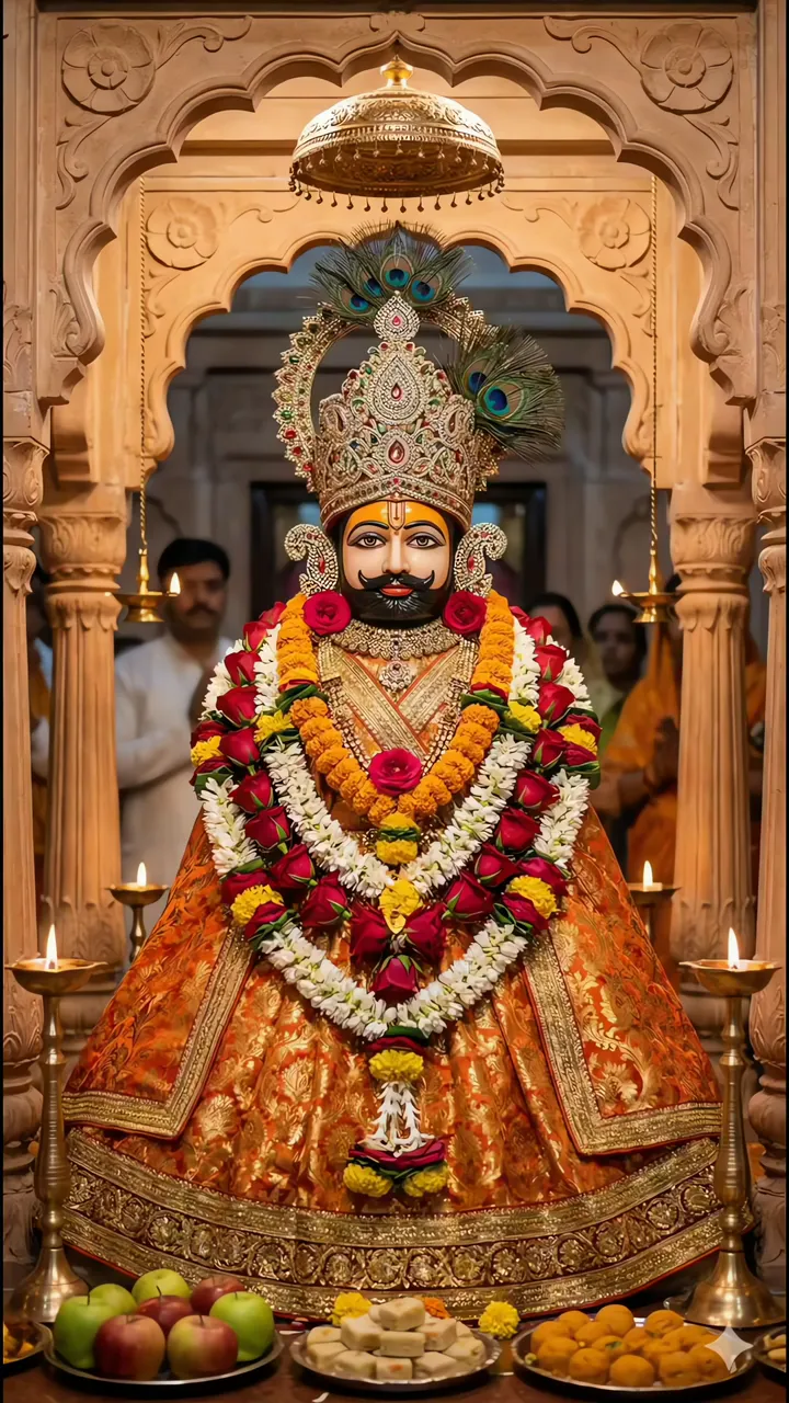 Khatu Shyam Ji Devotional Idol With Peacock Feather Crown And Floral Offerings