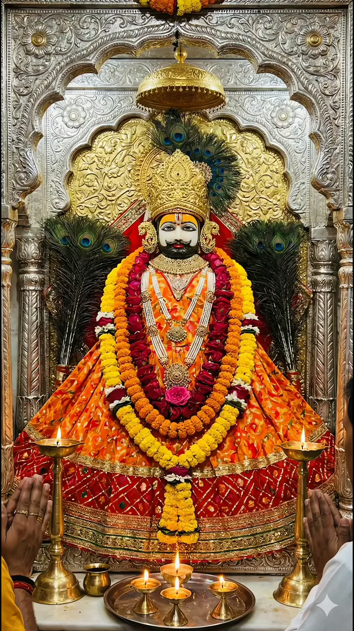 Khatu Shyam Ji Devotional Temple Scene With Peacock Feathers And Candles