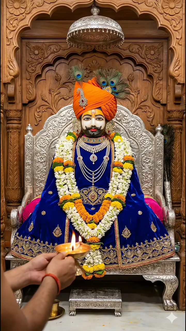 Khatu Shyam Ji Devotional Worship With Peacock Feather And Blue Robe